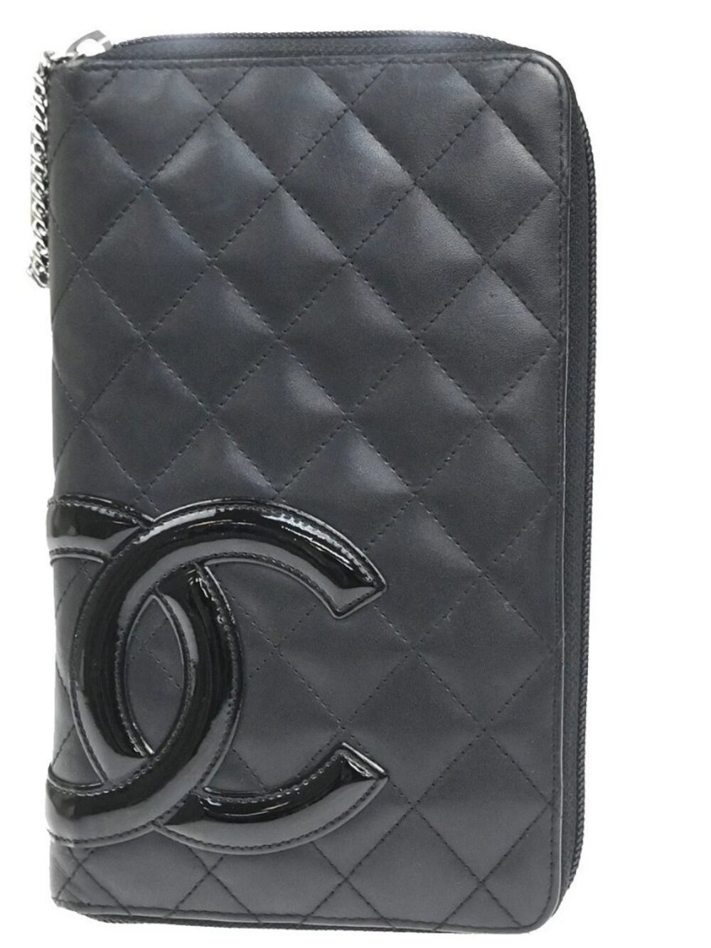 CHANEL CC Cambon Line Zip Around Long Wallet Patent Leather Black Spain 39KD046